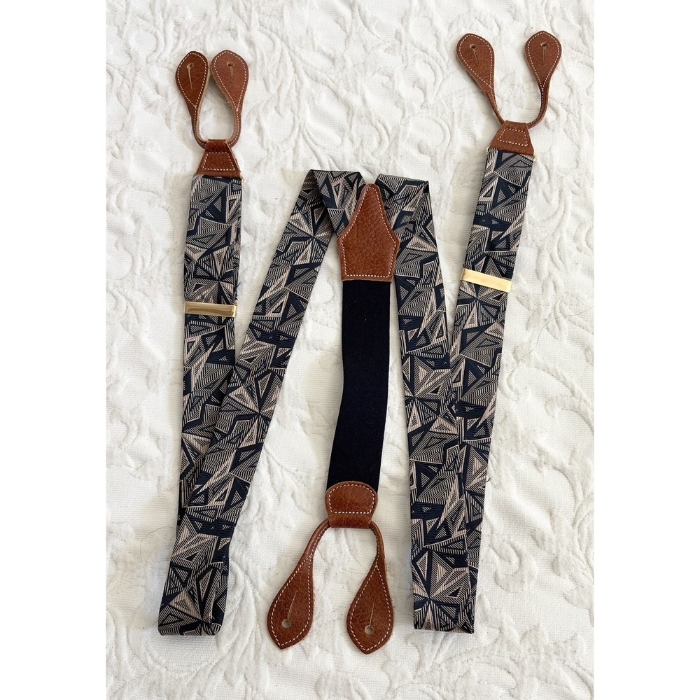 Vtg 100% Silk Suspenders Navy Abstract Y-Back Art Deco Button End Made France